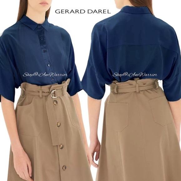 Gerard Darel navy oversized silk collared elbow sleeve top *shop@iamwarrior - Picture 1 of 10